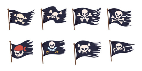 Obraz premium Pirate flags. Black jolly roger corsair flag with crossbones, skull, sword or sabers. Pirate symbols, elements for ships, travel transport, vessels, trucks, funny vector collection