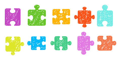 Naklejka premium Puzzle pieces set. Jigsaw piece child hand drawn icon chalk symbol kids children autism intellectual logic game fun toy cartoon color pencil grunge funny vector illustration