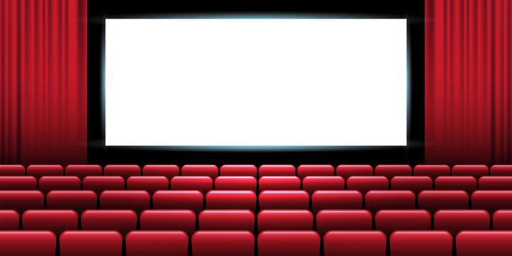 Cinema hall interior. Movie theater hall with red chairs row video screen stage, empty auditorium room film premiere presentation event armchairs seats, vector illustration