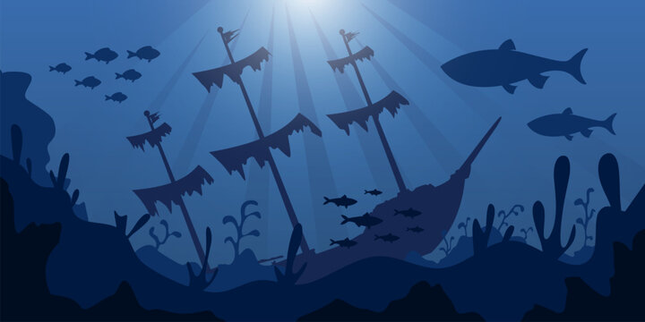 Wrecked ship blue silhouette. Ancient pirate brigantine on seabed with torn sails and holes. Underwater landscape with rock, seaweed, fish. Shipwreck vector scene
