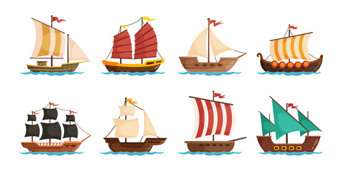 Old sailboat ships. Wooden ship cartoon ancient sail boat, pirate schooner vintage sea vessel ocean water warship ark galleon caravel historical transport funny vector illustration © Hito4i