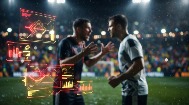 Futuristic sports analytics and VAR technology HUD with blurred football players arguing in the background during a rainy night match