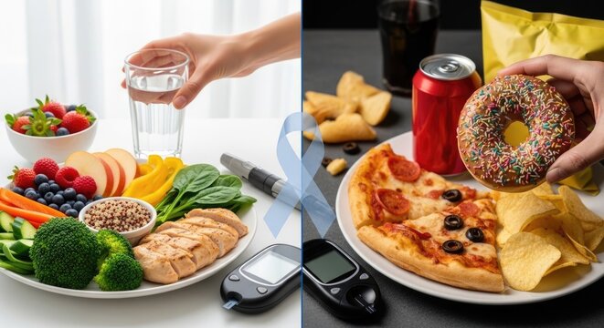 Diabetes lifestyle choice: healthy option, unhealthy risk, dietary decision, wellness path, sugar control, insulin need, metabolic care, glucose level.