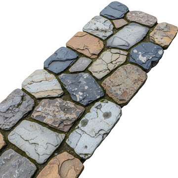 Diagonal Stone Path Segment with Natural Cobblestone Texture Isolated on White Background