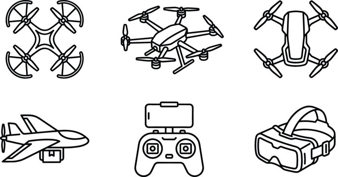 Unmanned aerial vehicle line icon set featuring quadcopter hexacopter delivery drone plane remote controller and virtual reality goggles vector