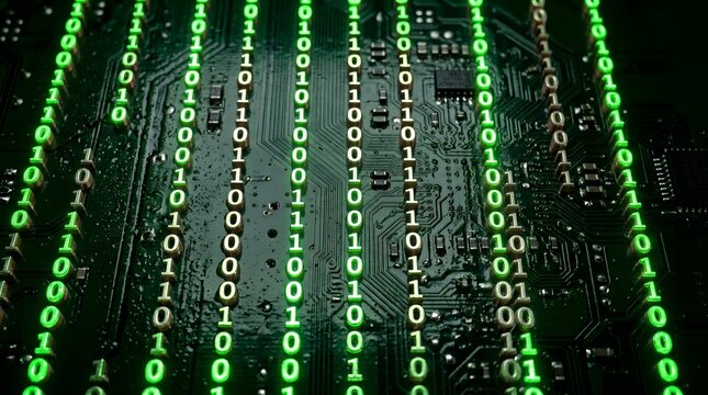 Green binary code streams cascade down a dark computer circuit board