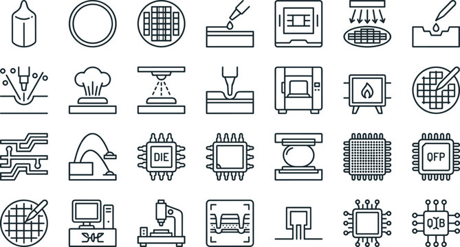 Semiconductor Manufacturing and Microchip Fabrication Outline Icons Set for Electronics Industry Applications