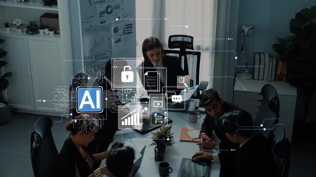 Diverse group of professionals engaged in discussion about artificial intelligence strategy in a modern office with digital icons representing technology and data security Gluon.