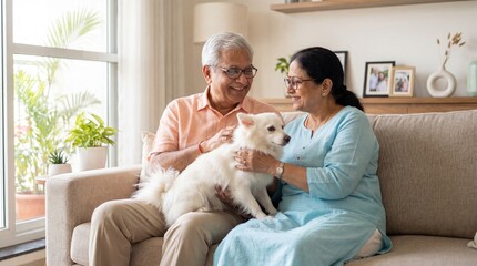 Plakat A beautiful photorealistic image of an elderly Indian man and woman enjoying a peaceful moment with their fluffy pet dog inside a modern home.