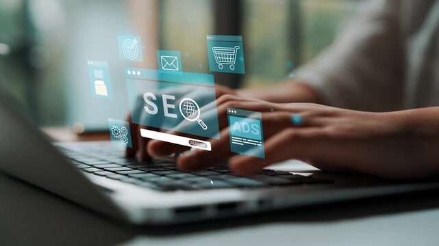 Digital Marketing Strategies with SEO and Ads Concept in Modern Workspace, Showing Hands Typing on Laptop with Various Marketing Icons. Entropy.