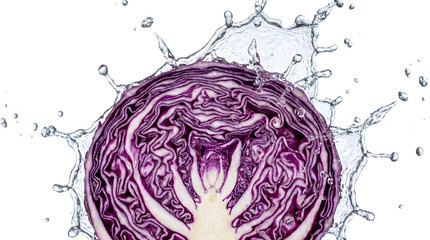 Obraz premium Whole fresh red cabbage dropping into clear water splash with bubbles