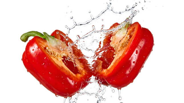 Fresh red bell pepper split open with dramatic water splash