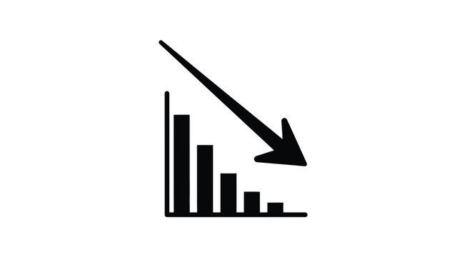 Declining bar graph with downward arrow black silhouette on white background
