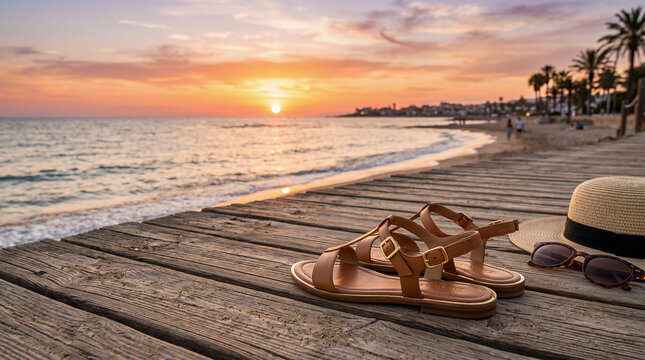 Sandalias de verano junto al mar con atm&oacute;sfera c&aacute;lida y relajante.