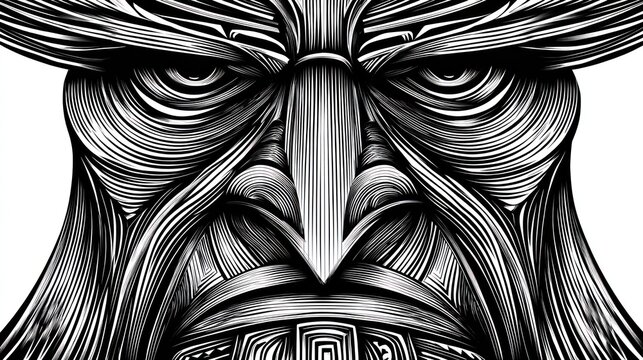 Intricate line art illustration of a bearded face in black and white