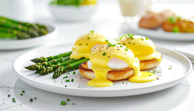 Eggs benedict, asparagus on the side, white plate. AI