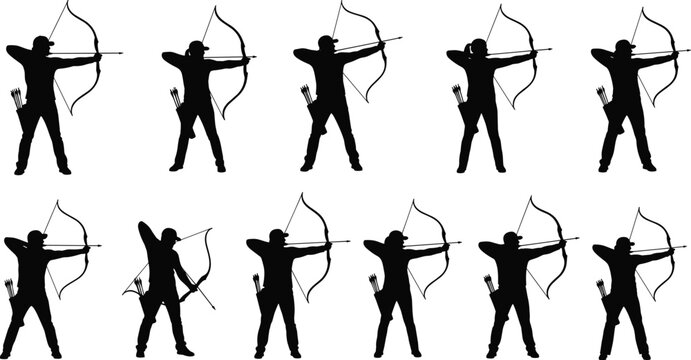 Archery Silhouette Set Featuring Bowmen and Archers Aiming Longbows with Arrows and Quivers Isolated on White Background for