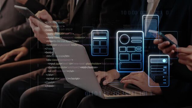 A group of professionals engaged with technology, utilizing laptops and smartphones in a modern setting. The digital interface highlights programming and innovation. Raster