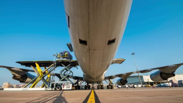 Time-lapse of a large commercial cargo airplane being loaded with freight and shipping pallets by ground crew at a busy airport