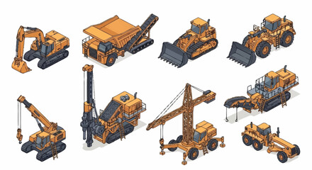 Collection of orange construction vehicles and heavy machinery. © Bunga