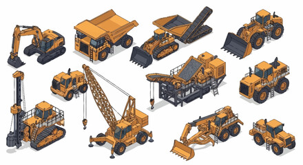Collection of orange construction vehicles and heavy machinery at work. © Bunga