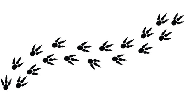 Simple black three-toed dinosaur tracks on transparent background. Isolated theropod footprints in a trail. Perfect for prehistoric, Jurassic, or fossil design concepts.