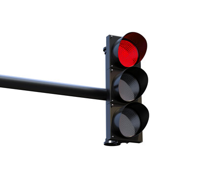Modern three-section vertical traffic light with red signal.