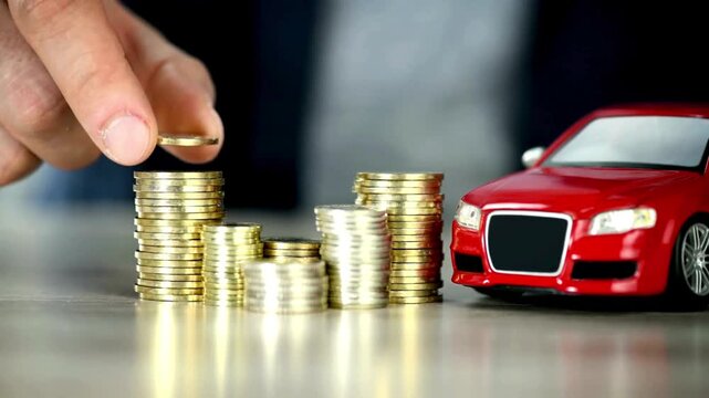 Close-up of a hand stacking gold coins next to a red toy car, conceptualizing car loans, vehicle insurance, and financial planning