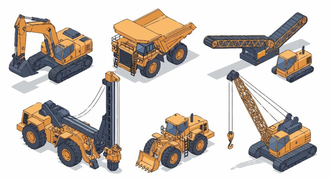 Collection of yellow heavy construction machinery in isometric style.