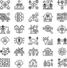 Fototapeta premium Community Microgrid Line Icons Set for Renewable Energy Networks, Smart Neighborhood Power and Grid Management