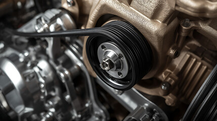 Fototapeta premium This image displays a car's serpentine belt system, which transfers power from the engine to various components