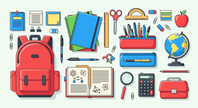 Red Backpack and School Supplies.