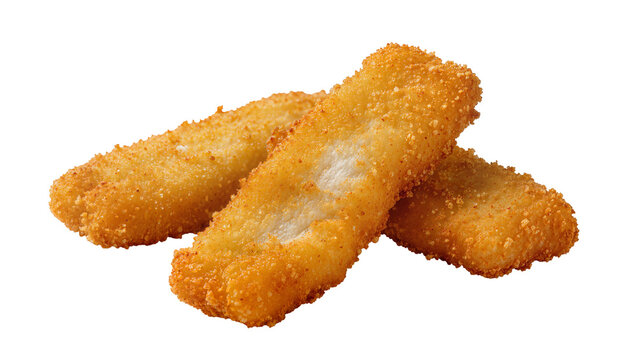 Golden crispy fish fingers with breadcrumb coating, isolated on transparent background