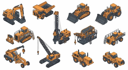 Collection of isometric construction and heavy machinery vehicles, including excavators, bulldozers, and cranes, isolated on a white background. © Bunga