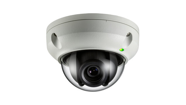 White dome security camera with green indicator light, isolated on transparent background