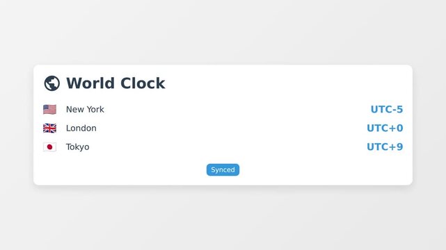 World clock interface displaying time zones for New York, London, Tokyo  