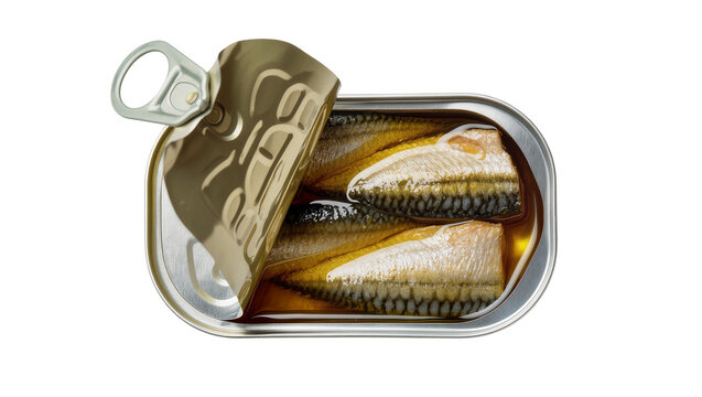 Opened tin can with oily mackerel fish fillets, isolated on transparent background