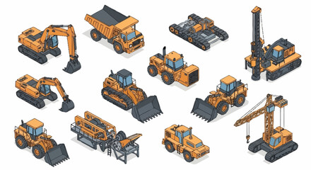Collection of orange construction vehicles and heavy machinery in isometric style. © Bunga