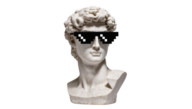 Marble bust of David wearing pixelated sunglasses, isolated on transparent background