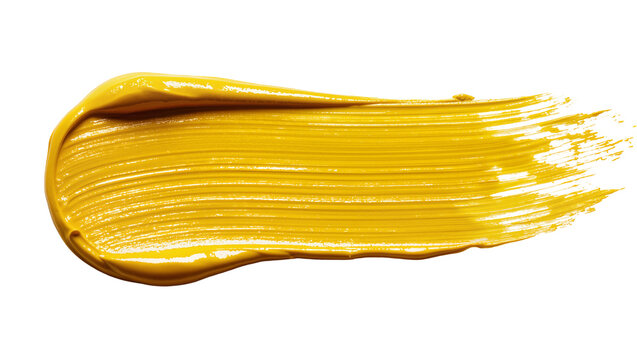 Thick yellow oil paint brush stroke, isolated on transparent background