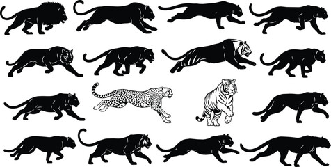 Big Cats Silhouette Set Featuring Running Lion, Tiger, Panther, Cheetah, and Leopard Vectors Isolated on White Background © Hello World