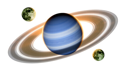 Blue striped gas giant planet with rings and two moons, isolated on transparent background © Giulia