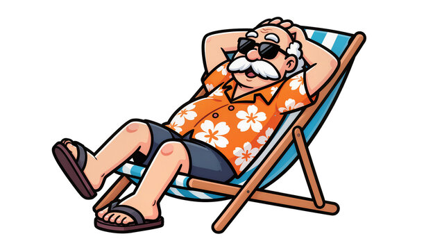 Elderly man with mustache relaxing in striped beach chair, isolated on transparent background