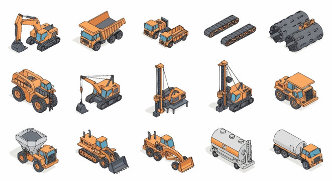 Collection of isometric construction vehicles and equipment in various colors.