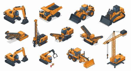 Collection of isometric construction vehicles and heavy machinery for building industry projects. © Bunga