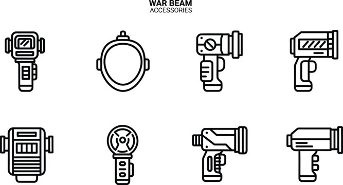 Line of seven futuristic gun accessories and one scope, labeled 'war beam accessories line scope guns