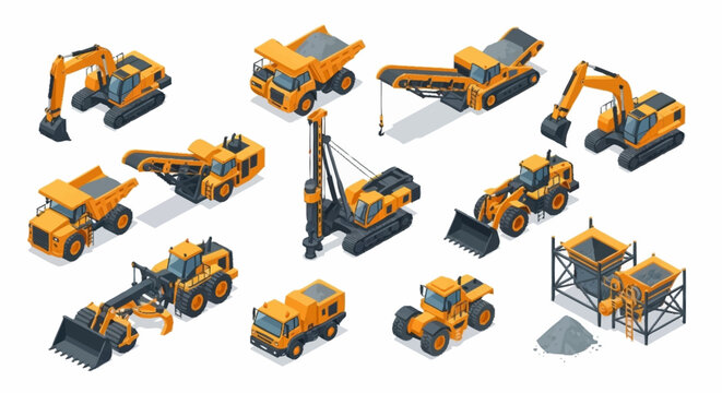 Colorful construction vehicles and heavy machinery in isometric style.