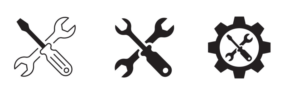 Maintenance service icon set, crossed wrench screwdriver and gear tools symbols for repair, engineering and technical support