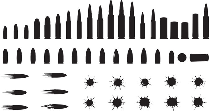 Collection of bullets, projectile shapes and impact marks in silhouette style
