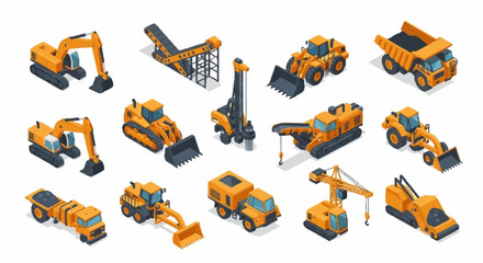 Colorful Isometric Construction Vehicles and Equipment Set. © Bunga